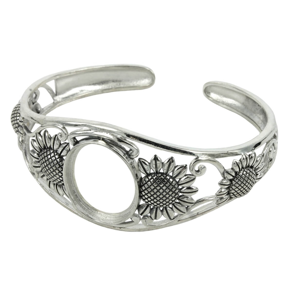 Sunflower Cuff Bracelet with 16x19mm Oval Bezel Mounting in Sterling Silver 