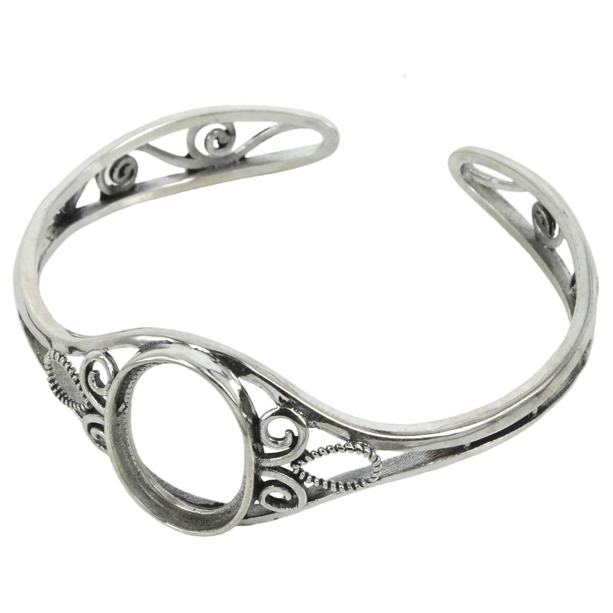 Curlicue Filigree Cuff Bracelet with 13x18mm Oval Bezel Mounting in Sterling Silver 