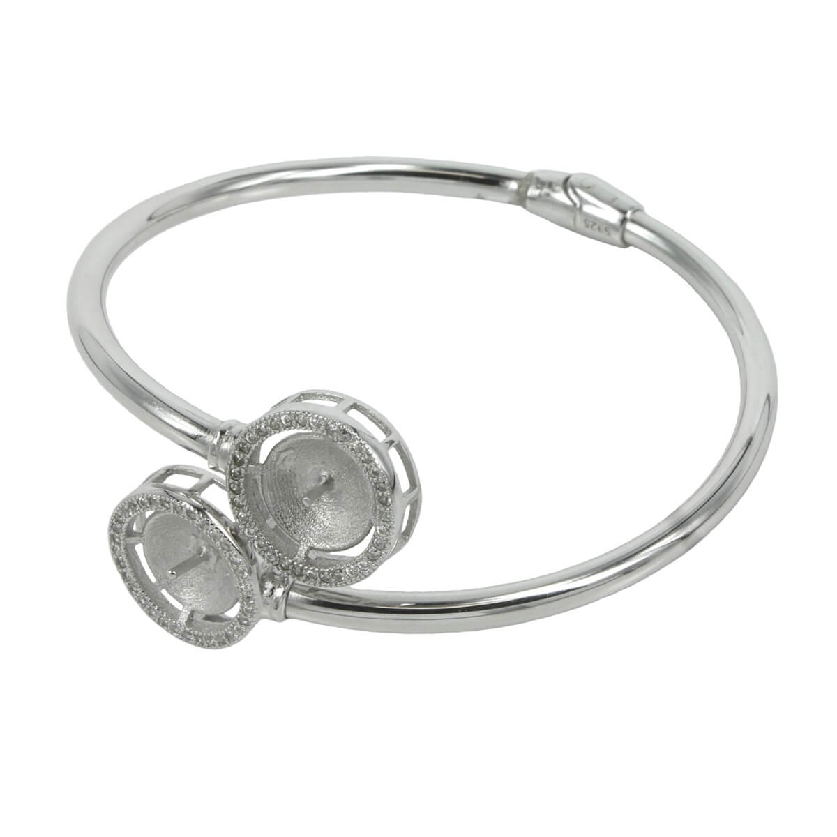Hinged Cuff Bracelet with Cubic Zirconias Embellished Pearl Mountings in Sterling Silver 8-10mm