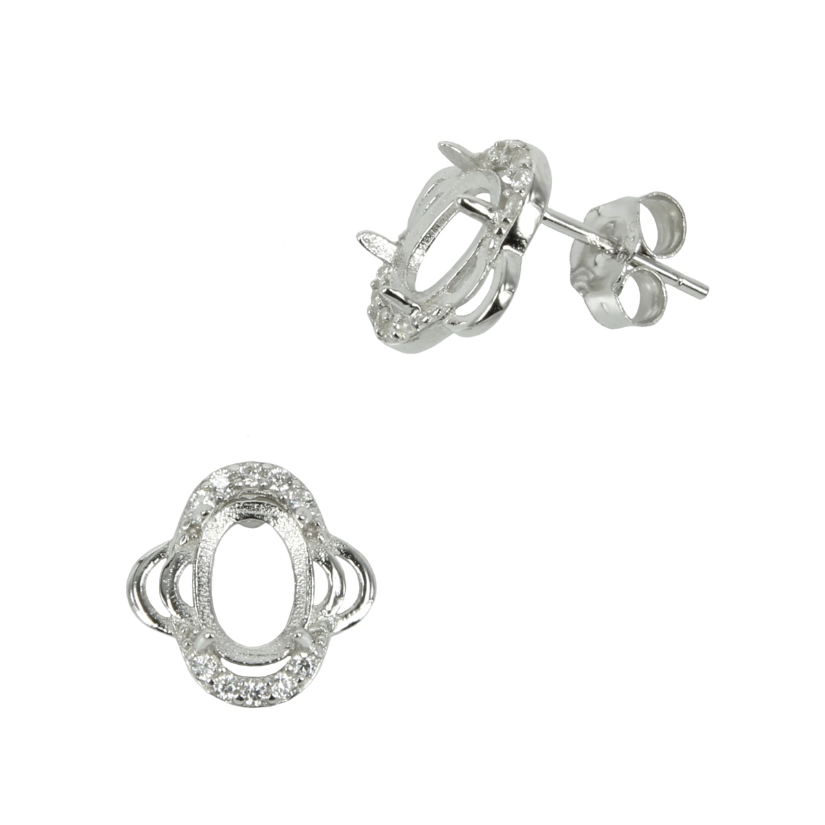 Quatrefoil CZ Border Stud Earrings with Oval Prong Mounting in Sterling Silver for 5x7mm Stones 