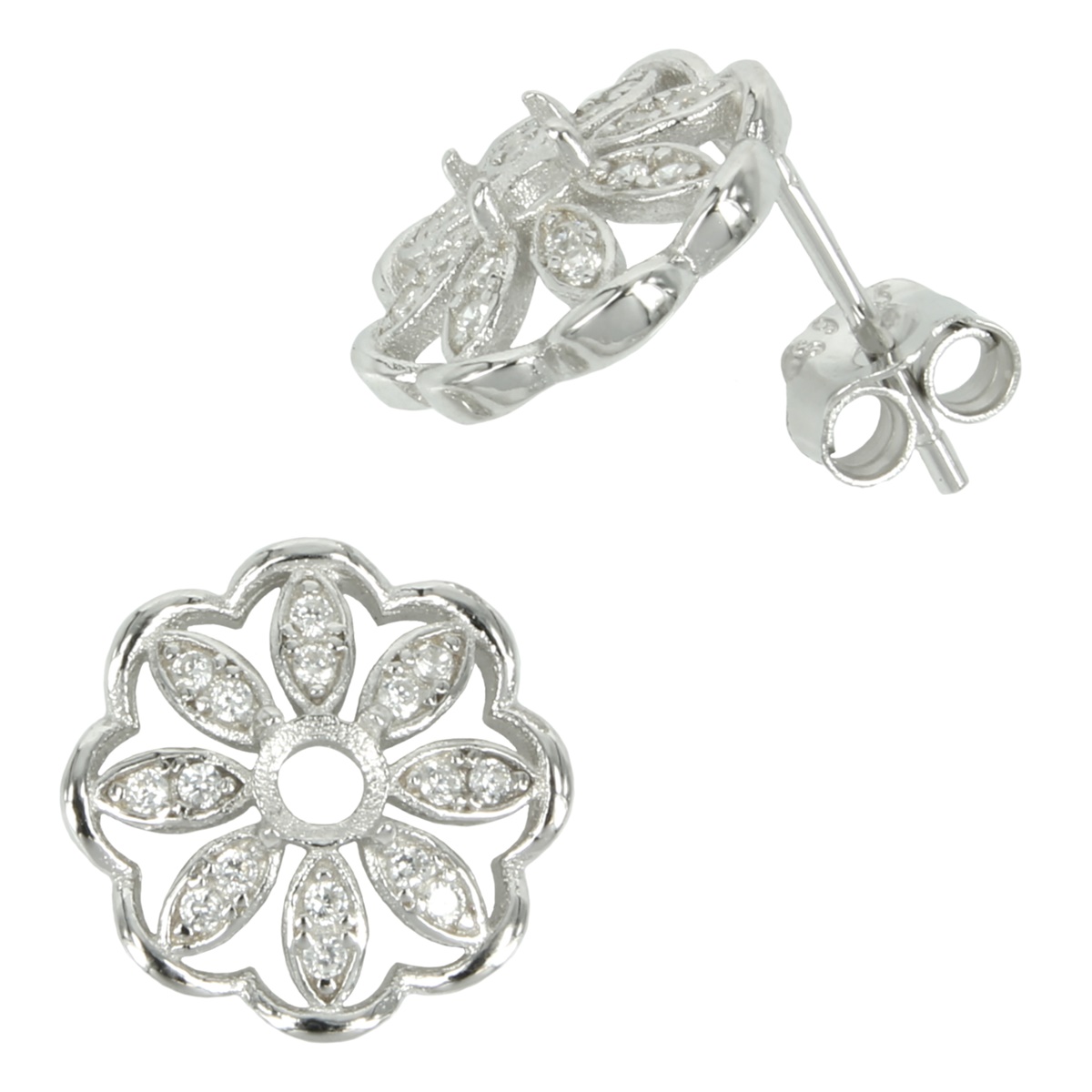 Daisy CZ Border Stud Earrings with Round Prong Mounting in Sterling Silver for 3mm Stones 