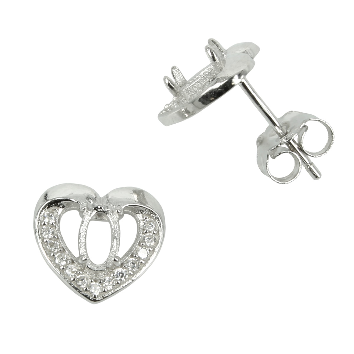 Heart Border w/CZ’s Stud Earrings with Oval Prong Mounting in Sterling Silver for 3x5mm Stones 