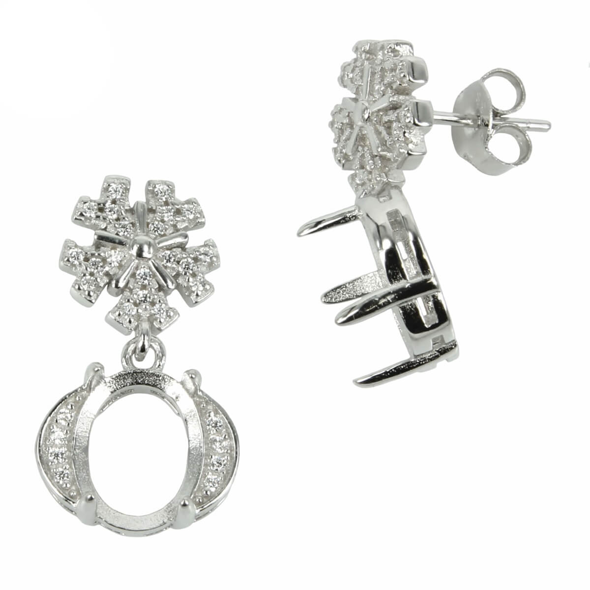 CZ Dangle Stud Earrings with Oval Prong Mounting in Sterling Silver for 6x8mm Stones