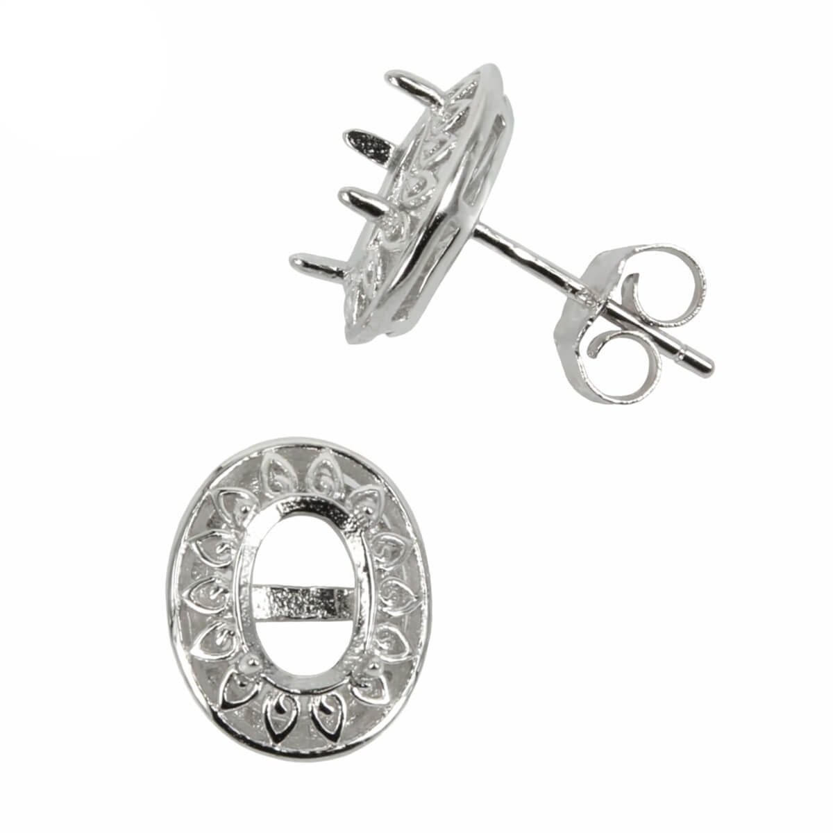 Filigree Border Stud Earrings with Oval Prong Mounting in Sterling Silver for 5x7mm Stones 