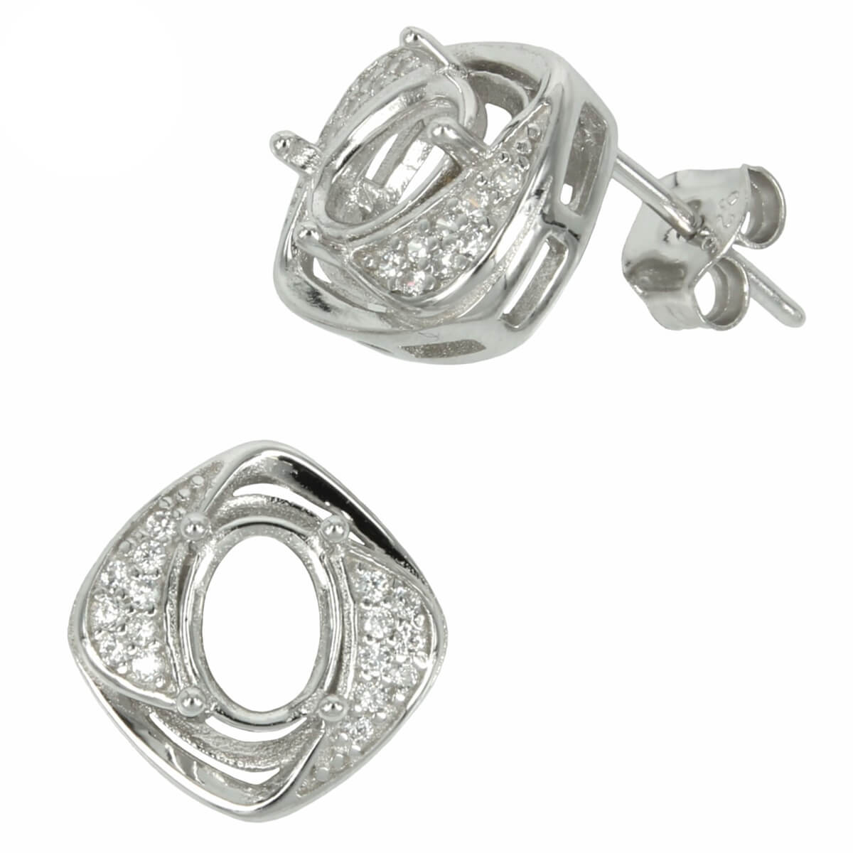 Square Border Stud Earrings with Oval Prong Mounting in Sterling Silver for 5x7mm Stones 