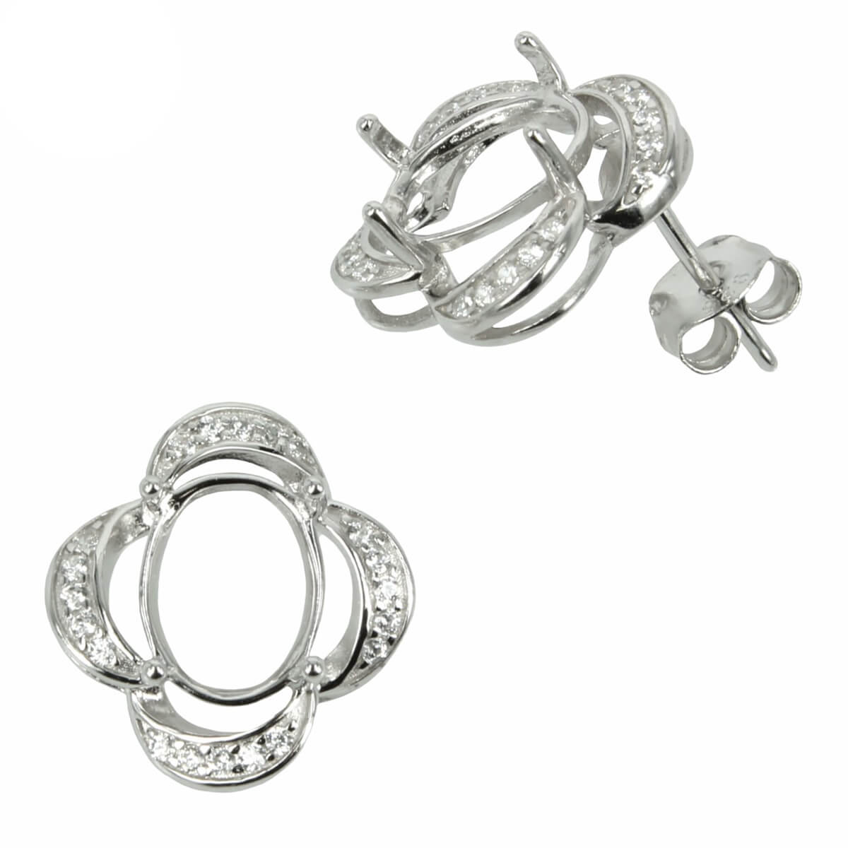 Quatrefoil CZ Halo Stud Earrings with Oval Prong Mounting in Sterling Silver for 7x9mm Stones 