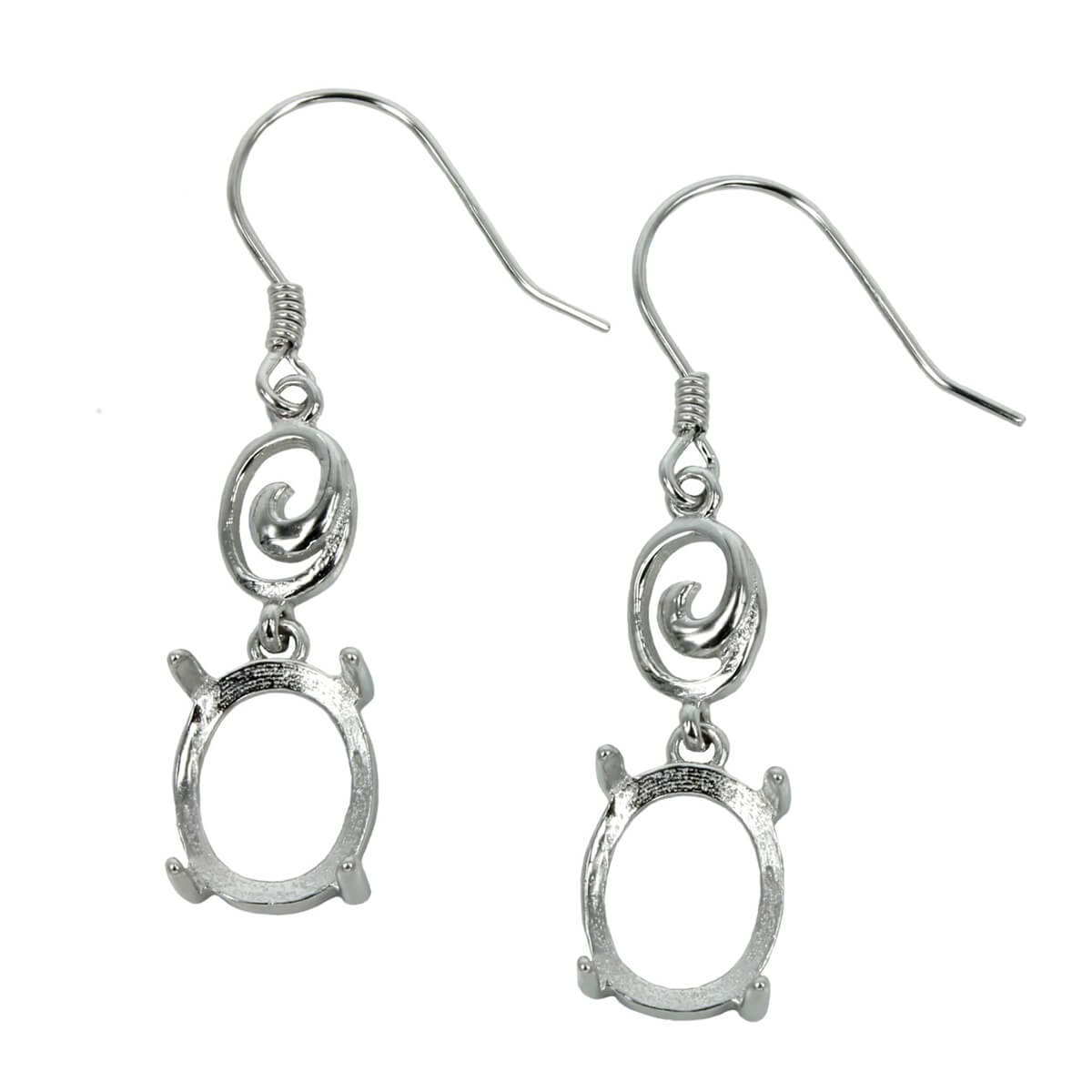 Ear Wires with Oval Basket Setting and Swirl Element in Sterling Silver 8x10mm 