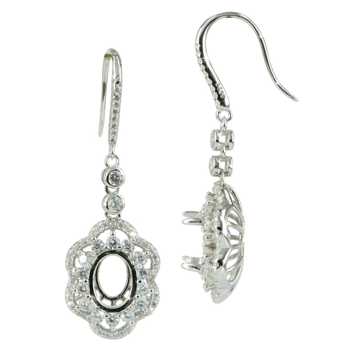 Floral Bling Earrings with Oval Setting in Sterling Silver for 7x9mm Oval Stones 