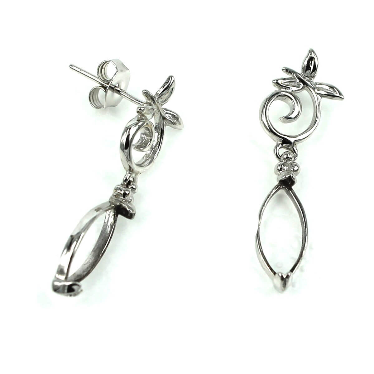 Ear Studs with Marquise Shape Bezel Mounting in Sterling Silver 5x11mm 