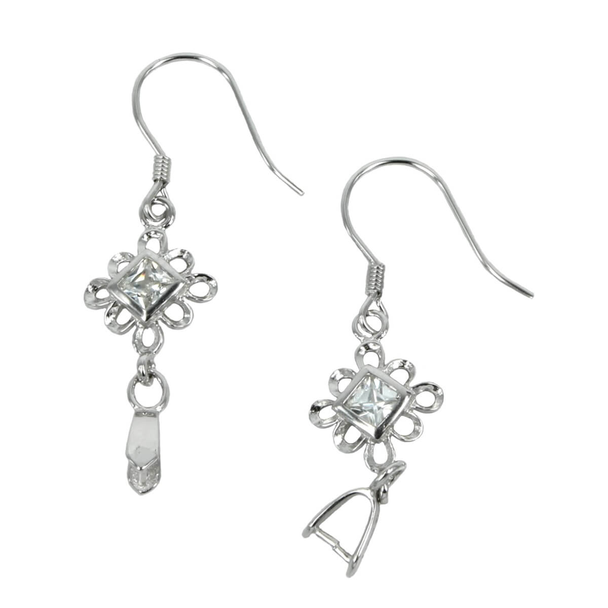 Ear Wires with Pinch Bail and Square Cubic Zirconia Flower Element in Sterling Silver 4.5mm 