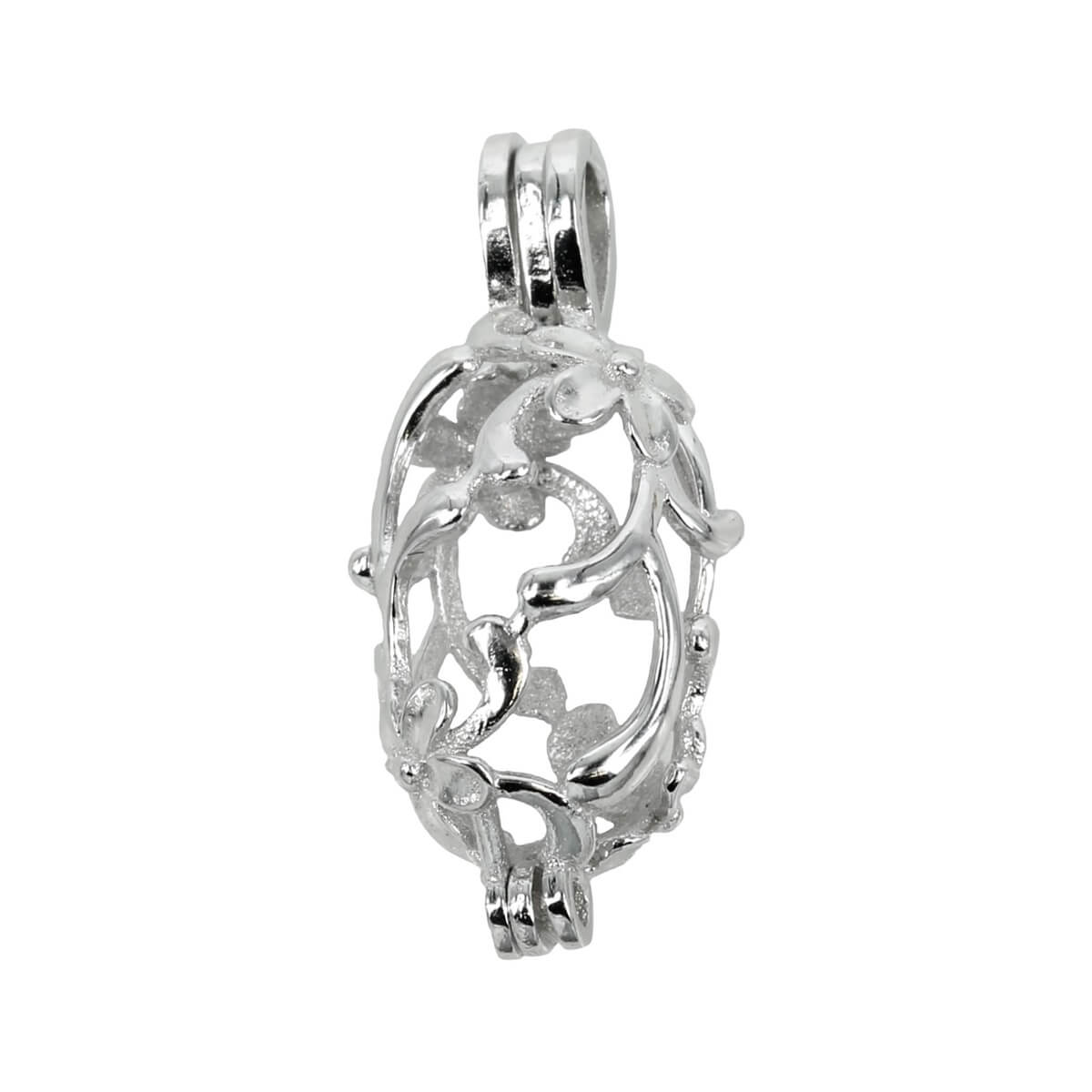 Floral Motif Cage Pendant with Incorporated Bail in Sterling Silver 8x15mm 