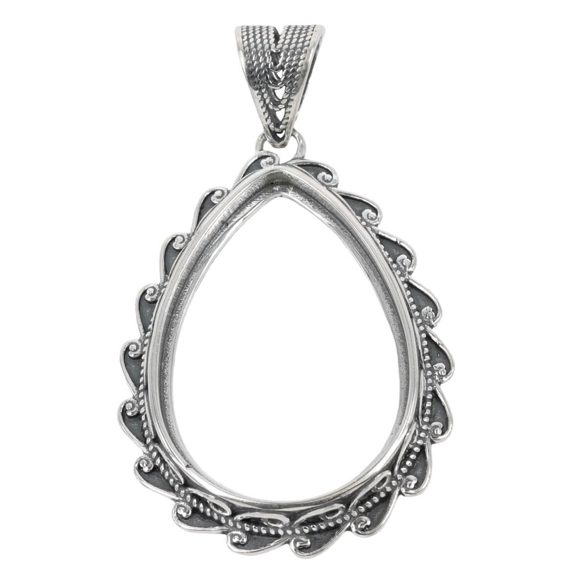 Curlicue Framed Pear Shaped Pendant with Soldered Loop and Bail in Sterling Silver for 22x31mm Stones 