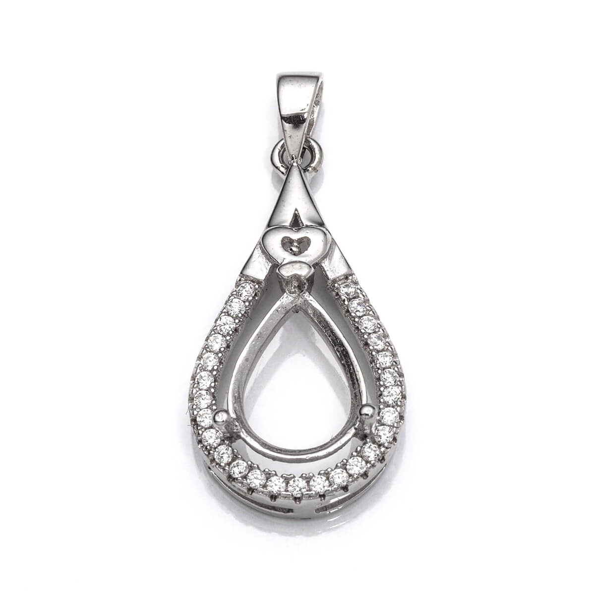 Pear Pendant with Cubic Zirconia Inlays and Pear Shape Mounting and Bail in Sterling Silver 9x11mm 