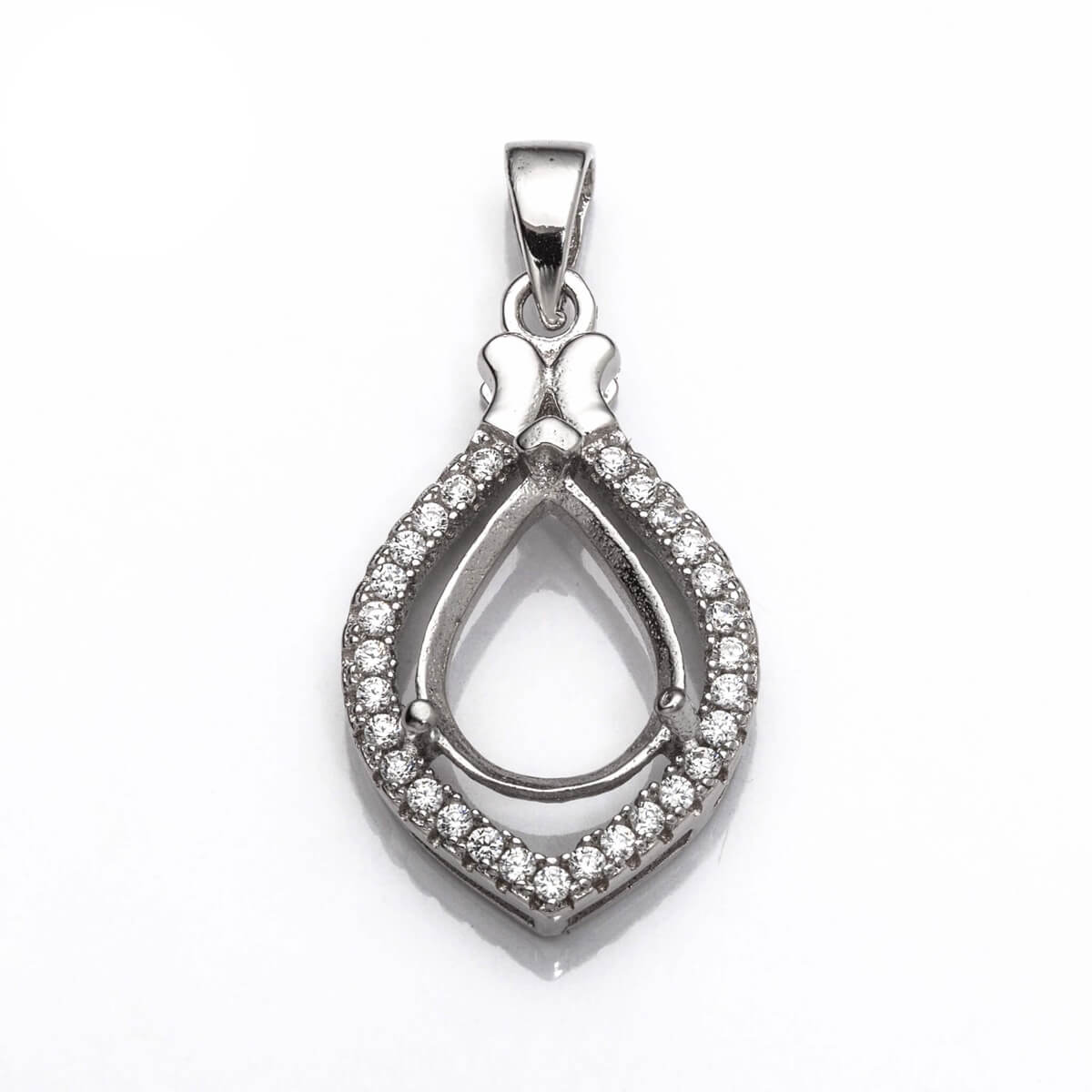 Pear Pendant with Cubic Zirconia Inlays and Pear Shape Mounting and Bail in Sterling Silver 8x10mm 