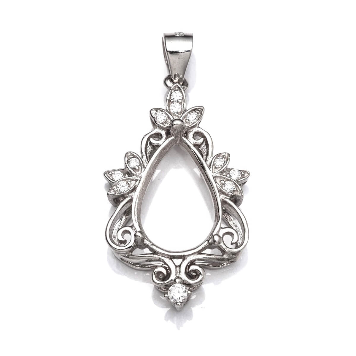 Pear Pendant with Cubic Zirconia Inlays and Pear Shape Mounting and Bail in Sterling Silver for 9x13mm pear stones 