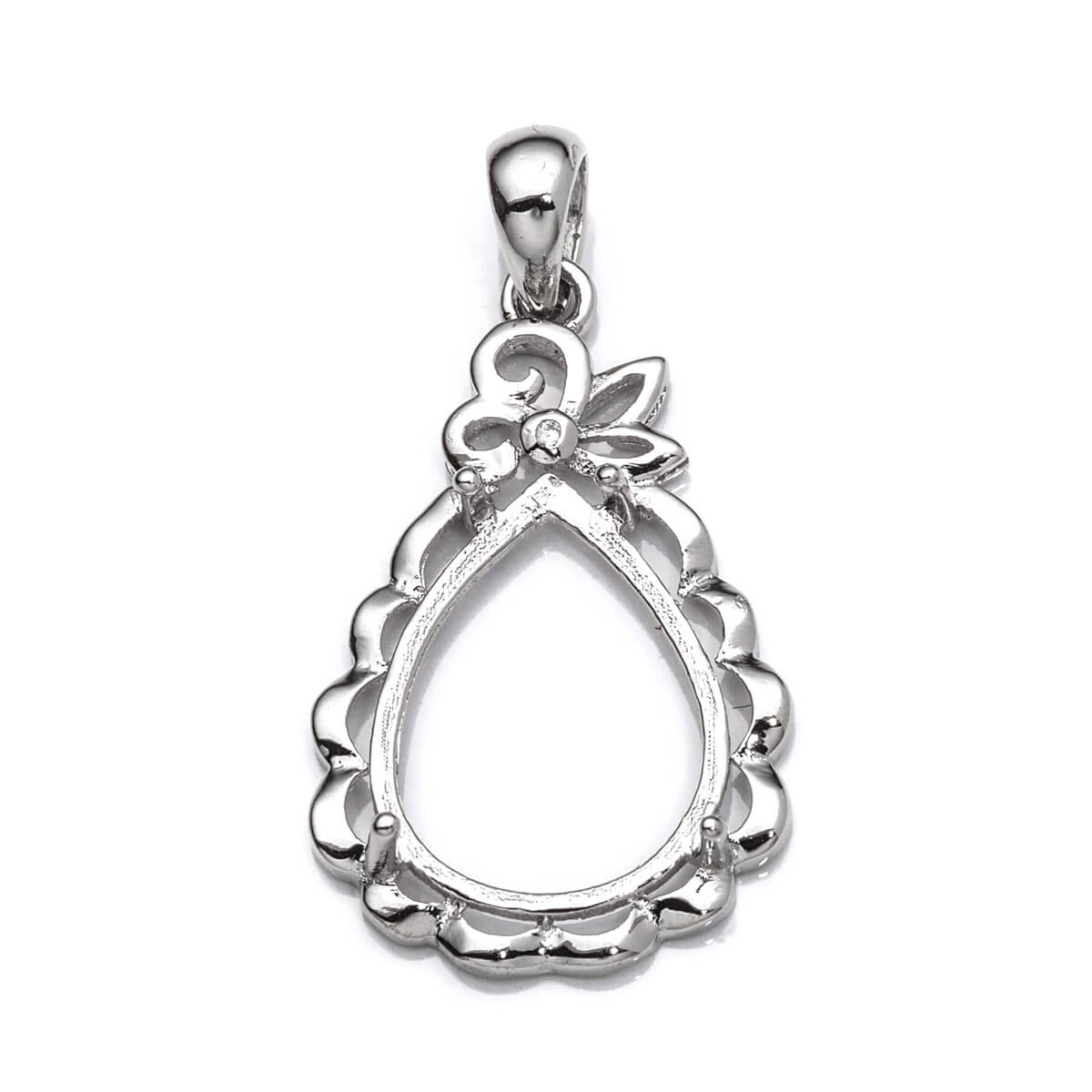 Pear Pendant with Cubic Zirconia Inlays and Pear Shape Mounting and Bail in Sterling Silver 11x15mm 