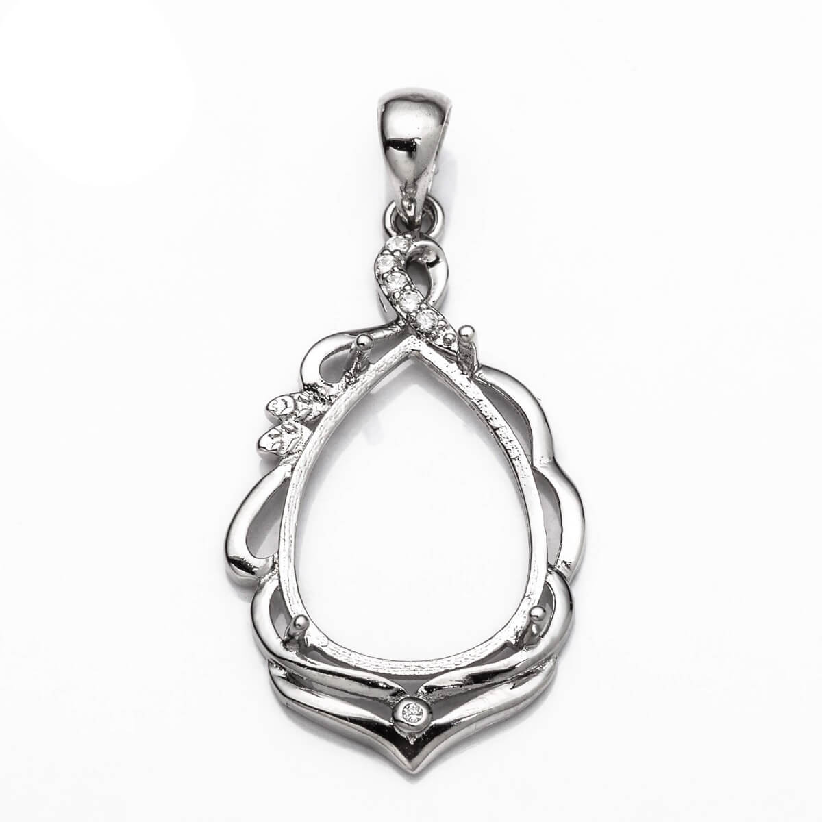 Pear Pendant with Cubic Zirconia Inlays and Pear Shape Mounting and Bail in Sterling Silver 12x18mm 