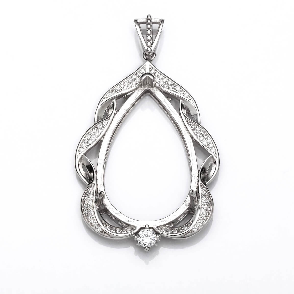 Pear Pendant with Cubic Zirconia Inlays and Pear Shape Mounting and Bail in Sterling Silver 24x36mm