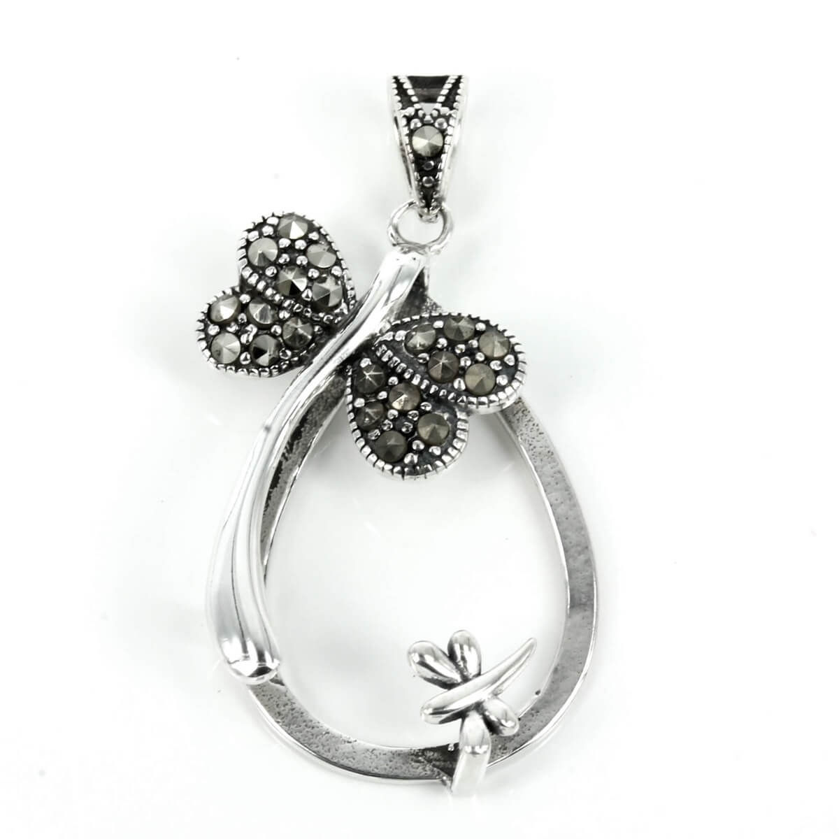 Dragonflies sterling silver pendant set with Cubic Zirconia inlays, soldered loop and bail 20x38mm 