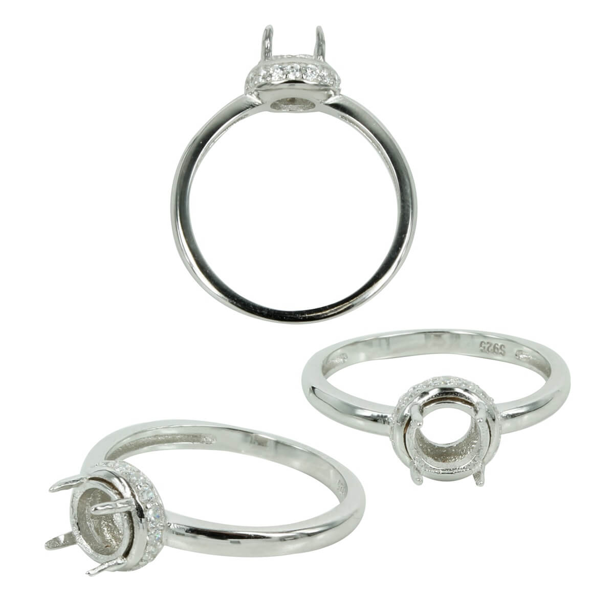 CZ Side Halo Ring in Sterling Silver for 6mm Round Stones 