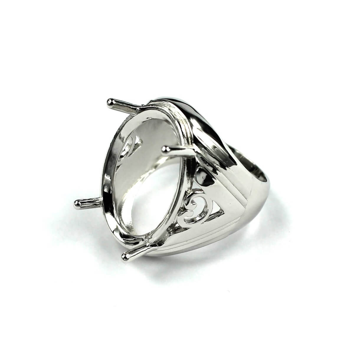 Hollow Patterned Ring with Oval Prongs Mounting in Sterling Silver 