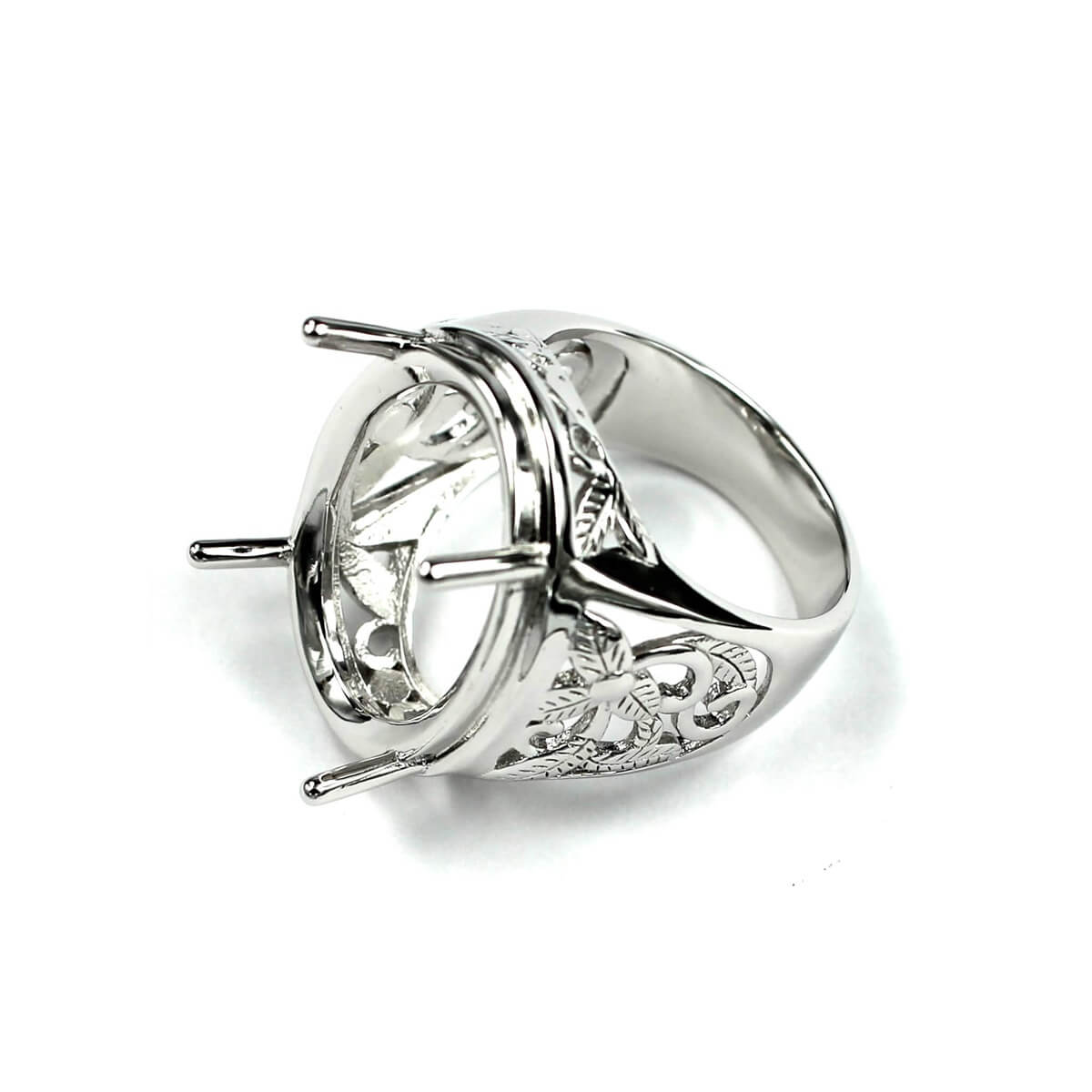 Twisted Leaves Ring with Oval Prongs Mounting in Sterling Silver 
