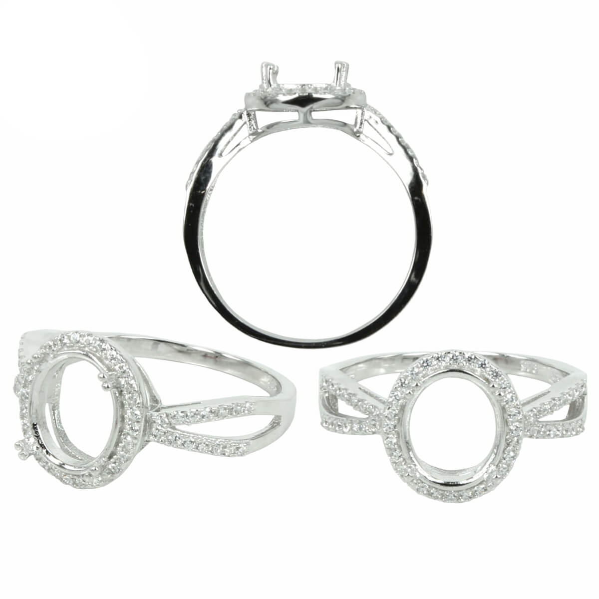 Micro-Pavé Band & Halo Ring with Oval Prong Mounting in Sterling Silver for 8x10mm Stones