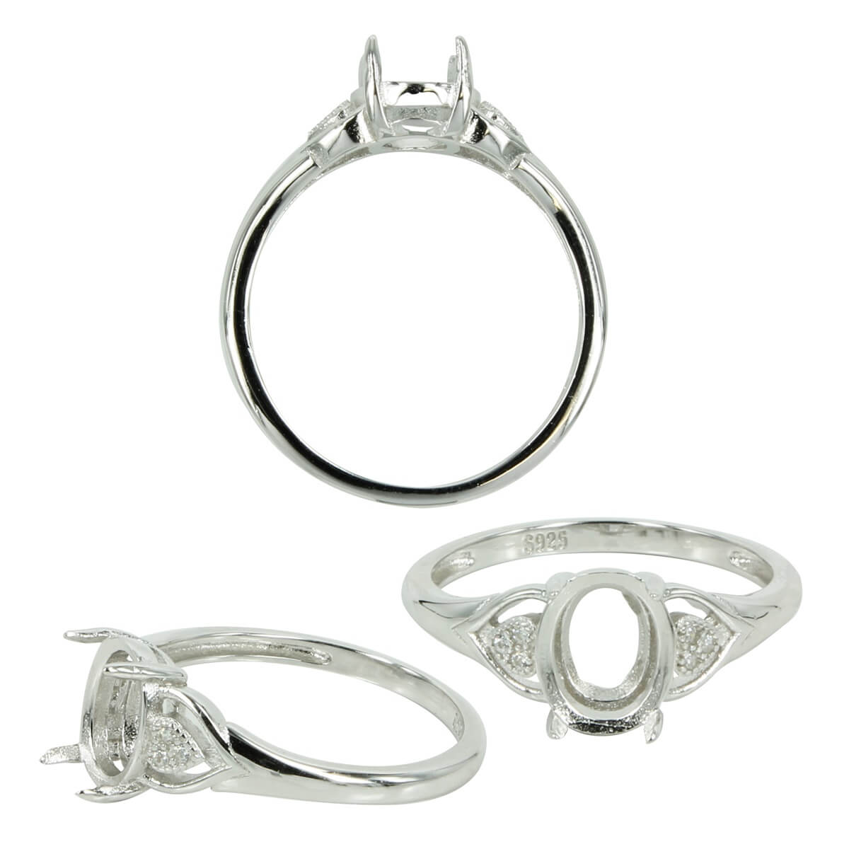 Heart Split Shank Ring in Sterling Silver for 7x9mm Oval Stones 