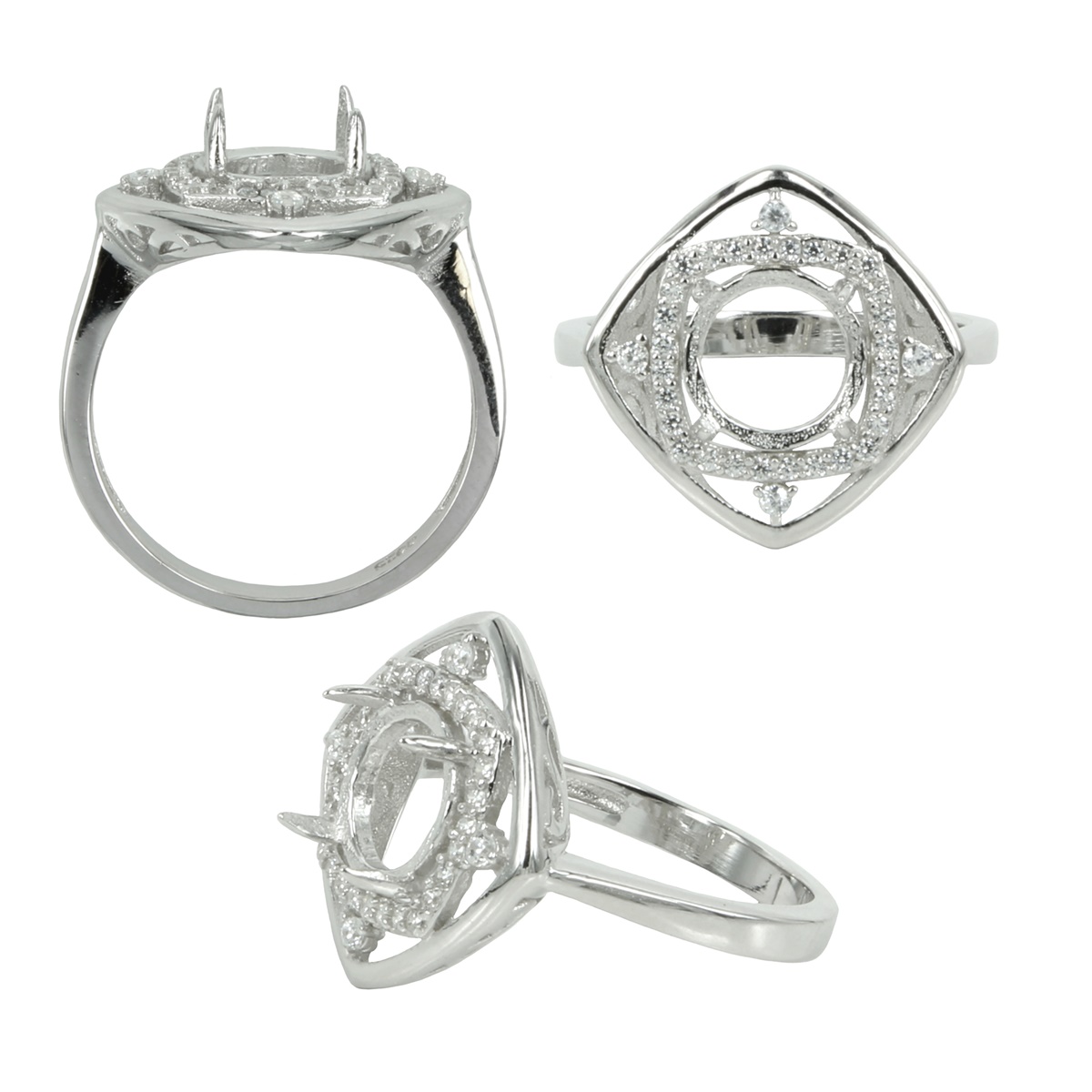 Square Halo & Frame Ring in Sterling Silver for 8mm Round Stones 