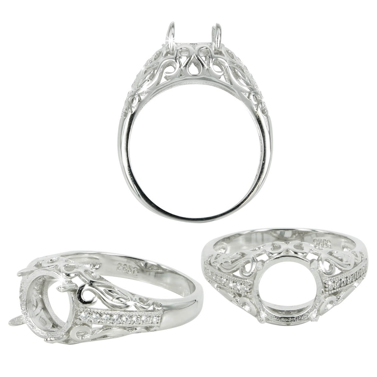 Filigree Gallery Ring with CZ’s in Sterling Silver for 8mm Round Stones 