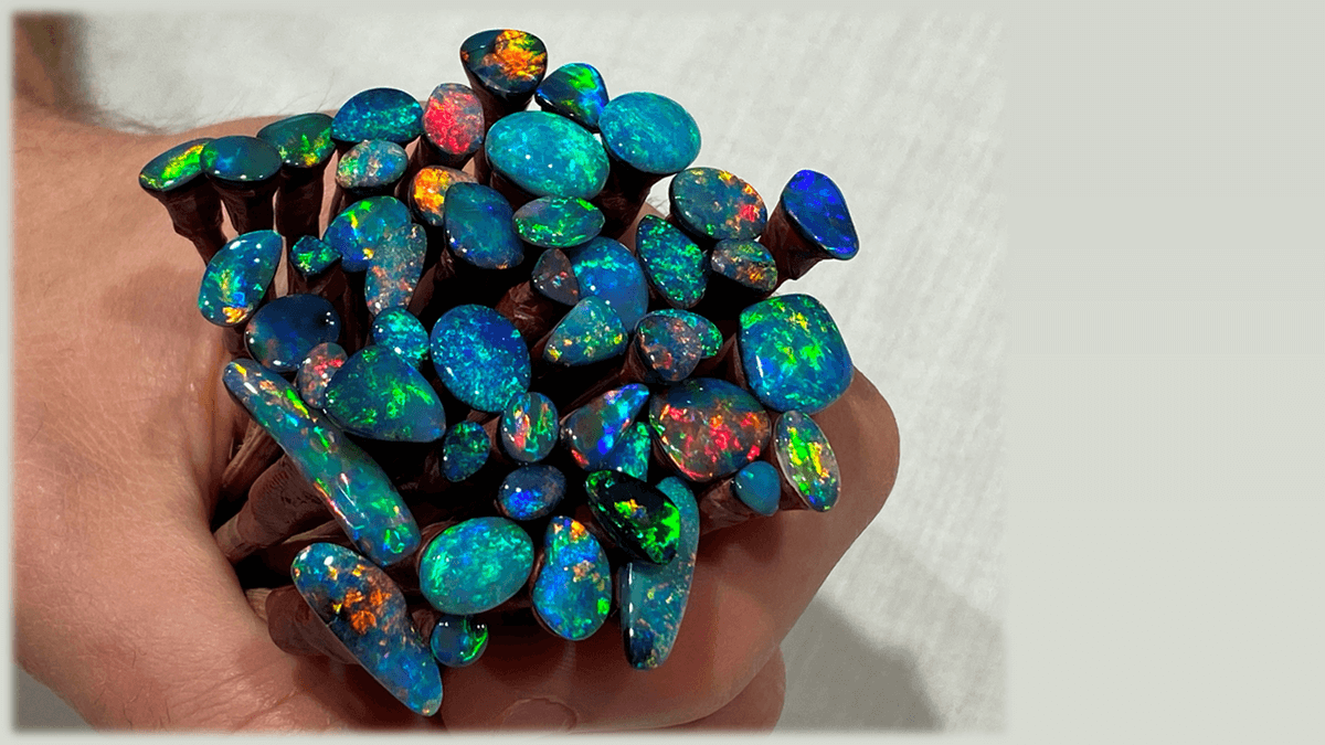 Handful of opals in the final stages of cutting and polishing, DTEO cutting room