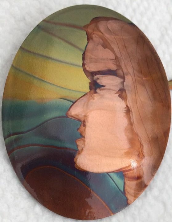 “Distant Vision” flame painted copper cameo pendant by Miriam Quagliato Stark. $85
