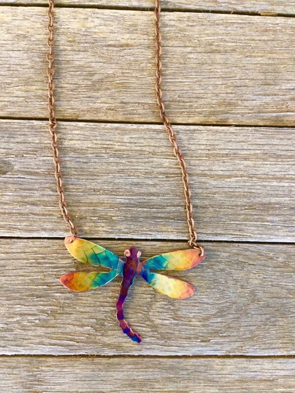 Flame painted copper dragonfly necklace, , approx 2” on 18” chain: $30