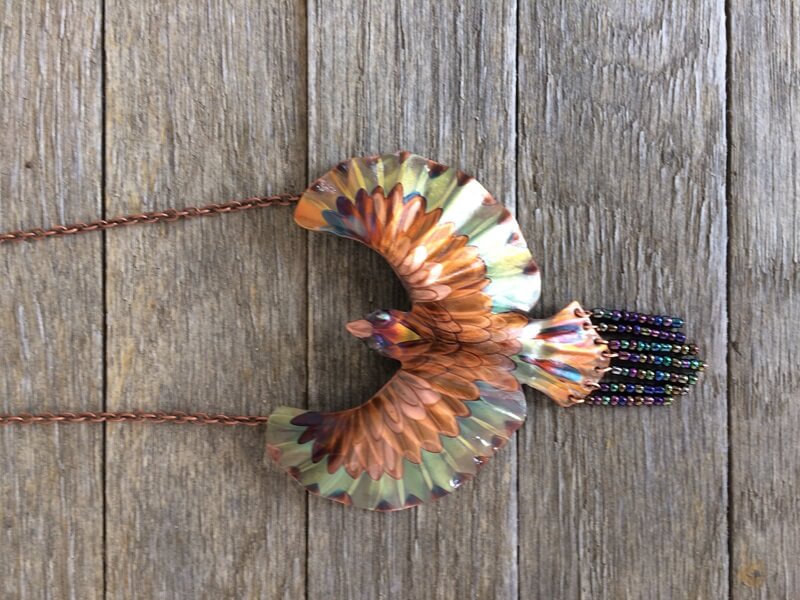 Beaded Phoenix necklace. Flame painted copper and glass beads on metal chain. $65