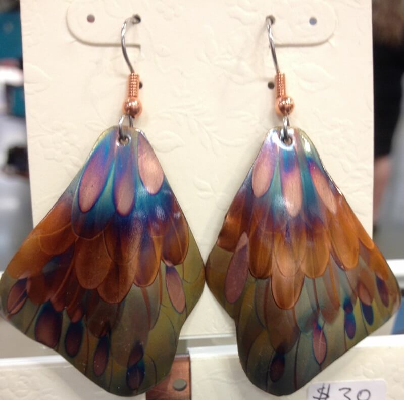 Abstract “wing” earrings. Flame painted copper on stainless steel ear wires- $28