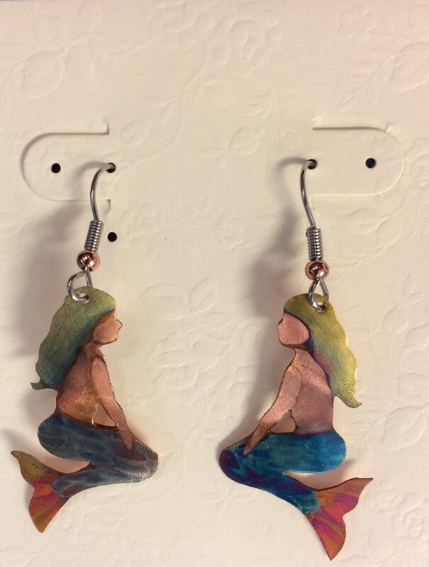 Copper mermaid earrings, colored only with heat, like all of our art. Stainless steel ear wires. $26