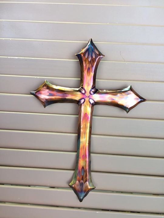 9 1/2” tall flame painted copper cross: $55